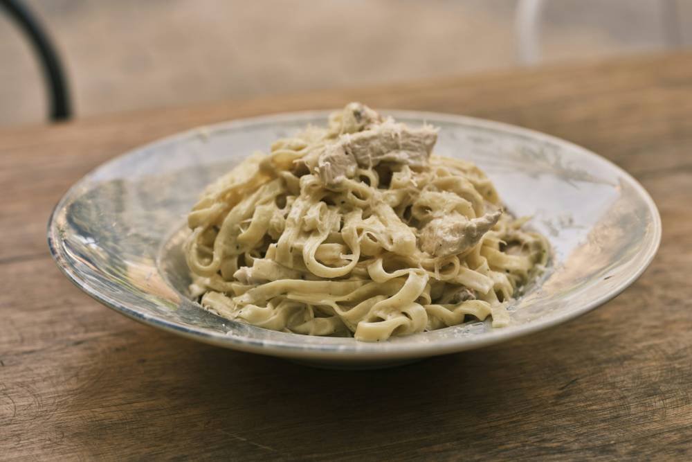 creamy pasta alfredo in white plate